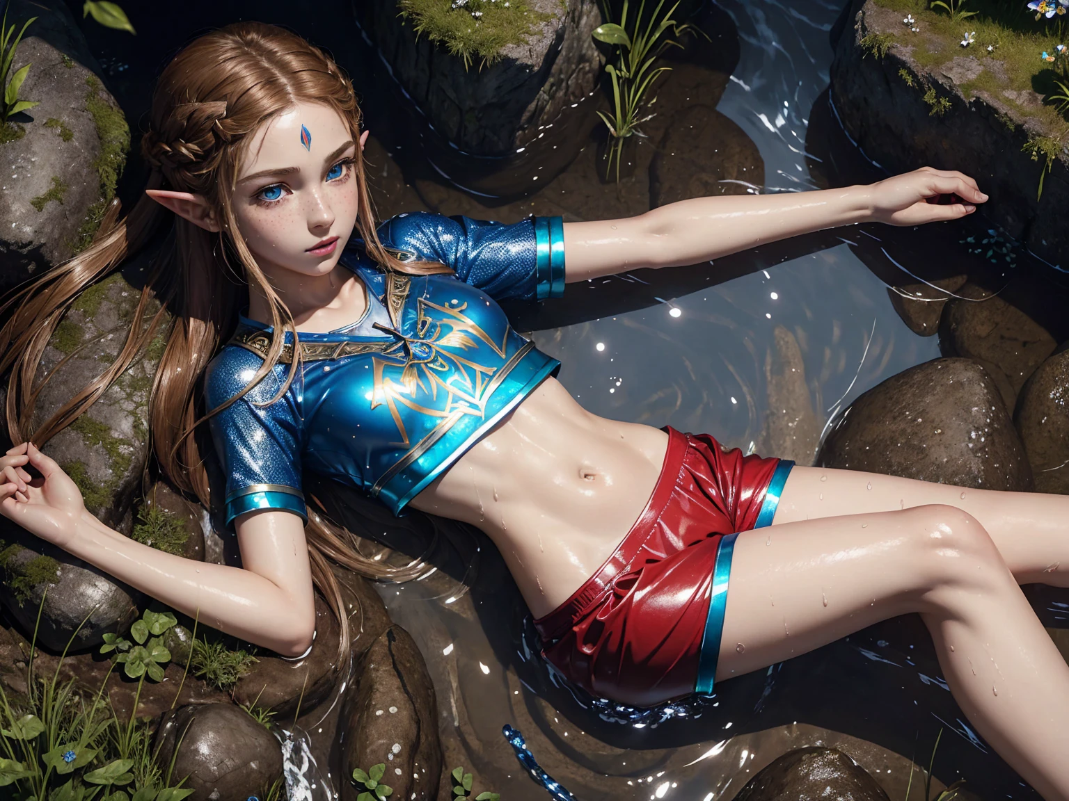 masterpiece. 4k. highly detailed epic fantasy oil painting of beautiful Princess Zelda. sparkly blue eyes, freckles. detailed stylish suit,
shiny reflective red leather shorts for the summer. crop top shirt. athletic. Hyrule motif. lying on creek. sweating. rain. river. wet.
from above, eagle eye shot, far shot. wildflowers.