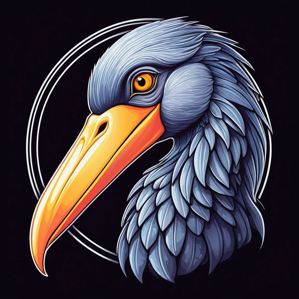"Shoebill bird (Balaeniceps rex)" logo; shading and gradients, Art Nouveau, vibrant colors and synthwave. Vector design, central composition, smooth background, -ar 1:1. Watercolor logo style with 3D effect puff printing type. Dark and strong colors, monochromatic background, by yukisakura, with original and incredible colors."