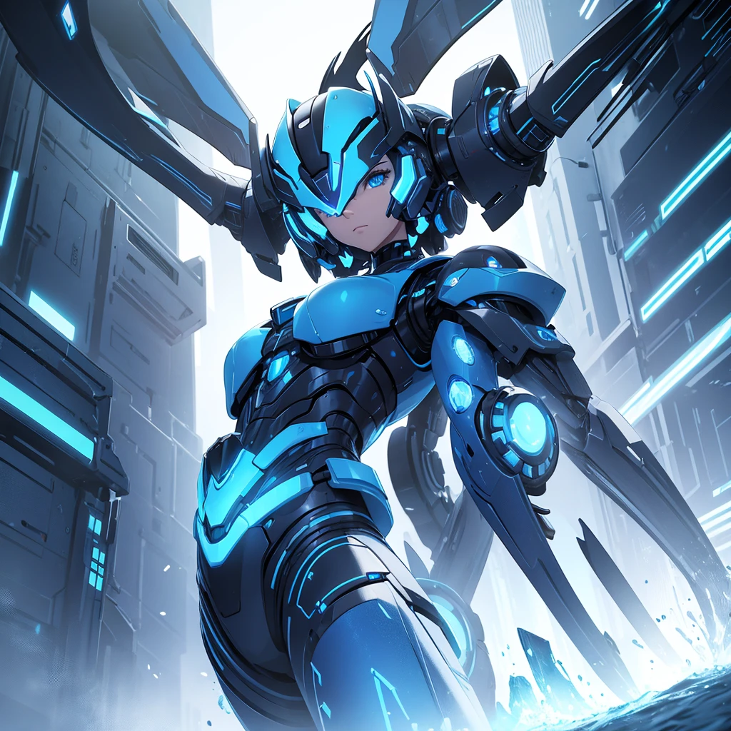 ((masterpiece, Highest quality, Best image quality, High resolution、4k)) 、Devil on Wheels、Big Wheels、Glowing blue eyes and advanced cybernetic enhancements. Seen in dynamic action poses, reflection on a smooth surface. The cityscape below is filled with towering skyscrapers., illuminated by colorful holographic advertisements, Shining with blue energy, Mighty power. The overall atmosphere is dark and mysterious., It had a futuristic techno vibe.. The lighting is dramatic, Intense highlights and deep shadows, Creates depth and tension.