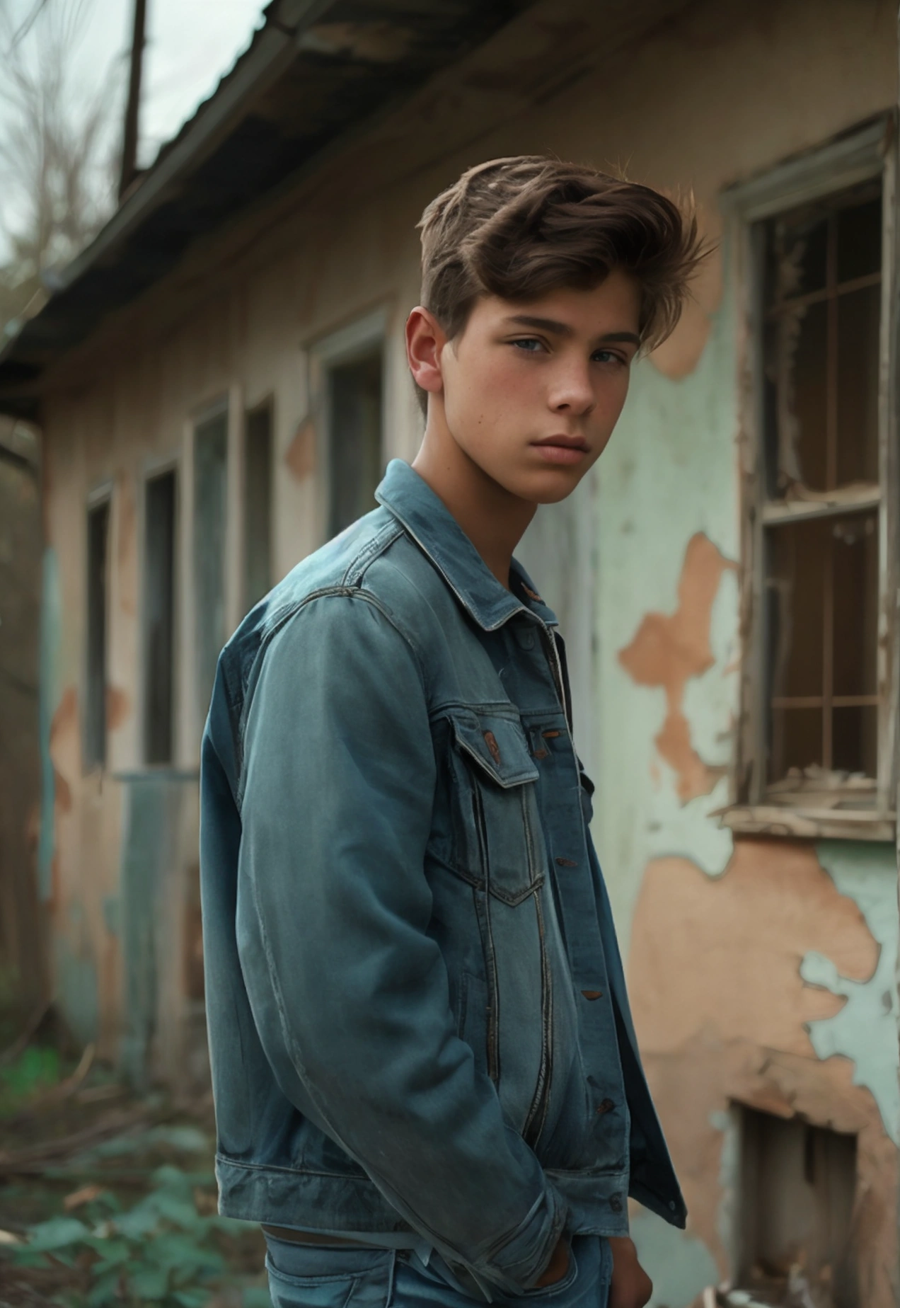 Realistic photo of solo handsome age men ,Standing In front of an abandoned house ,daytime
