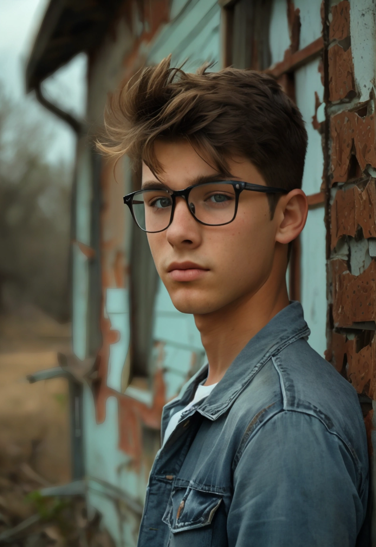 Realistic photo of solo handsome teenage men ,Standing In front of an abandoned house ,daytime