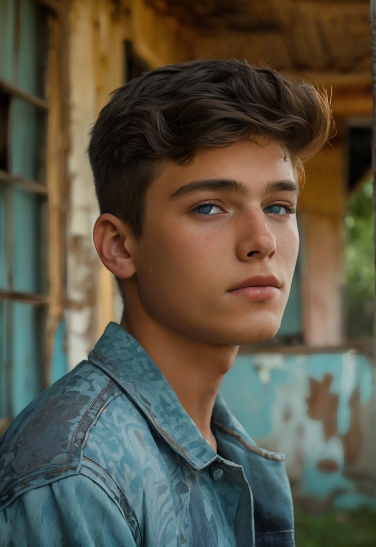 Realistic photo of solo handsome teenage men ,Standing In front of an abandoned house ,daytime
