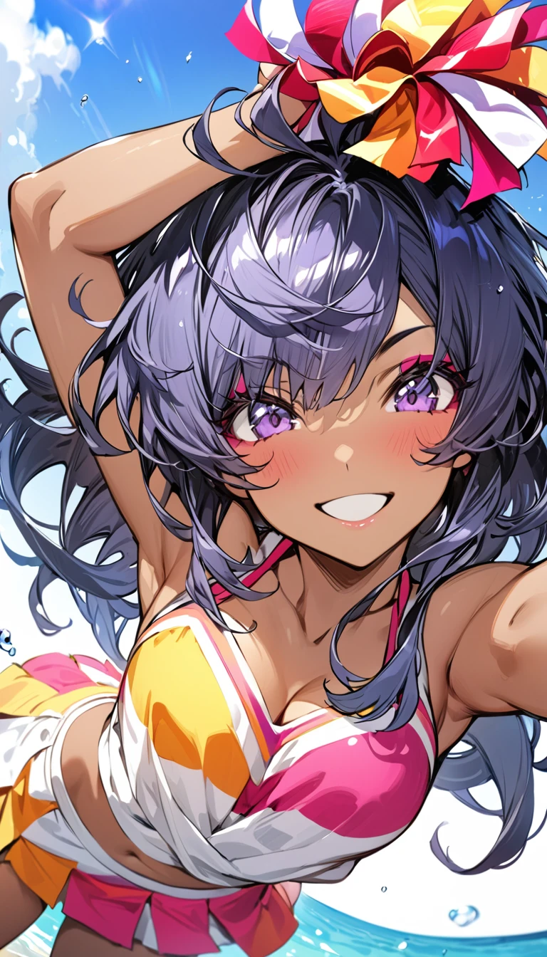 ((32k)), ((best quality)), ((ultra high res)), ((HDR)), ((UHD)), ((extremely detailed CG)), ((unity 32k wallpaper)), ************,nsfw,blowjob,covered in semen,one woman,fuchsia swimwear,wariza,dark skin,wet body,wet hair,cute face,smiling,long hair,fuchsia hair,fuchsia eyes,from above,beach,illustration style,anime style,high quality, 