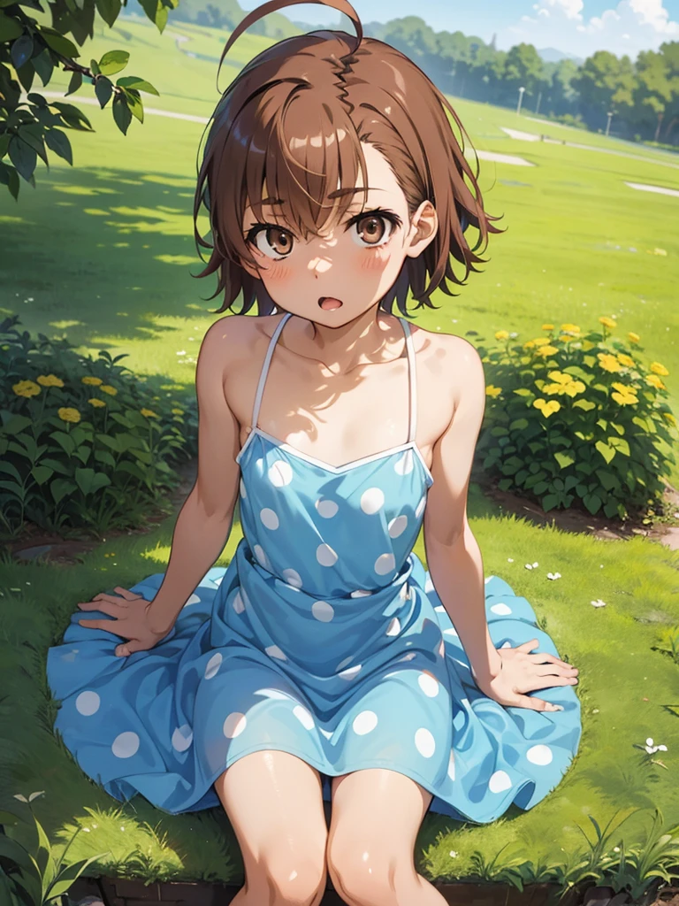 masterpiece, best quality, aalo, solo, short hair, ahoge, collarbone, (petite),
 sad smile, :o, sitting, polka dot dress, (blue dress lift), flat chest, nipple slip, nipples, pussy, outdoor,