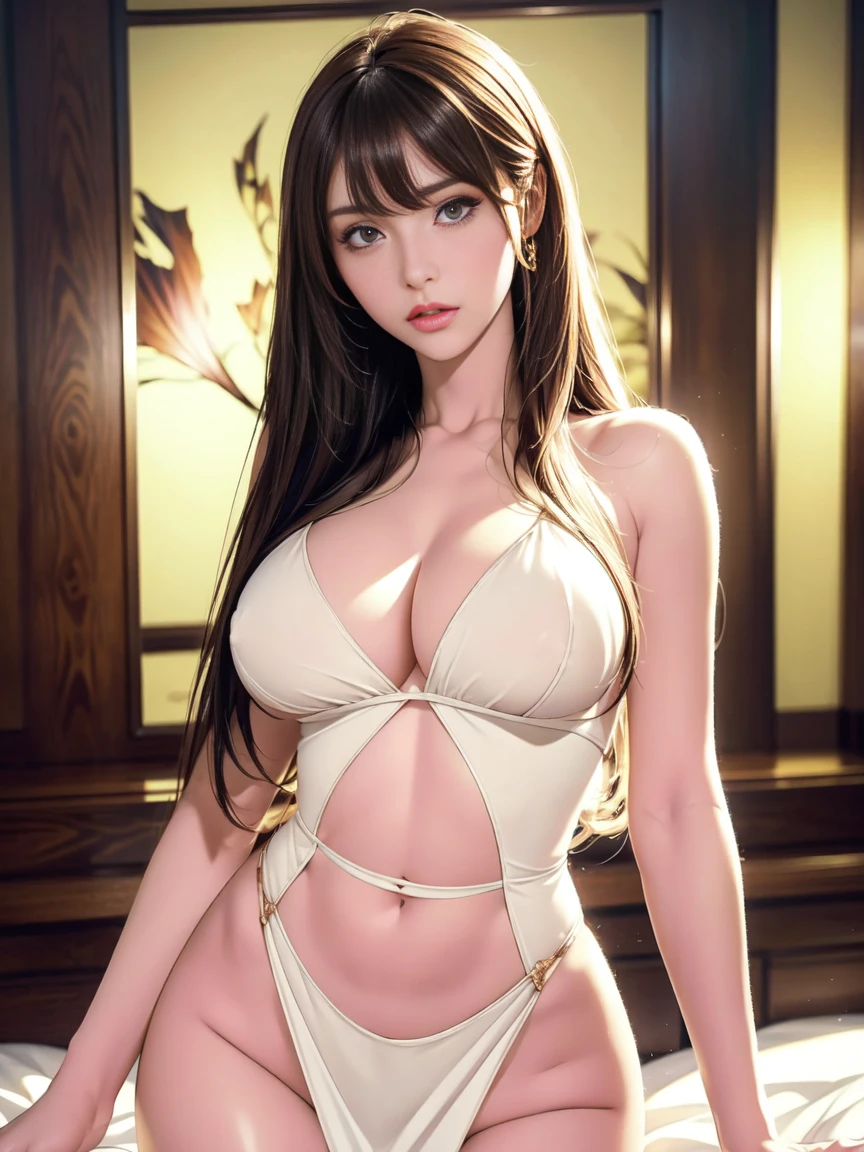 Movie Scenes,Best image quality,Surreal portrait,(8K),Ultra-realistic,最high quality,high quality,High resolution,high qualityの質感,Attention to detail,Beautiful details,Fine details,Highly detailed CG,Detailed Texture,Realistic facial expressions,Tabletop,before,dynamic,bold,1 Girl,(Ideal body proportions:1.5),Highly detailed skin,curve,,Beautiful breasts,Large Breasts,Pale skin,Pointed Chest,Erect nipples,(Thin Hair),(Soft Hair),(Super Straight Hair),Long, slicked bangs,Very light coppery amber hair,Hair on one eye,