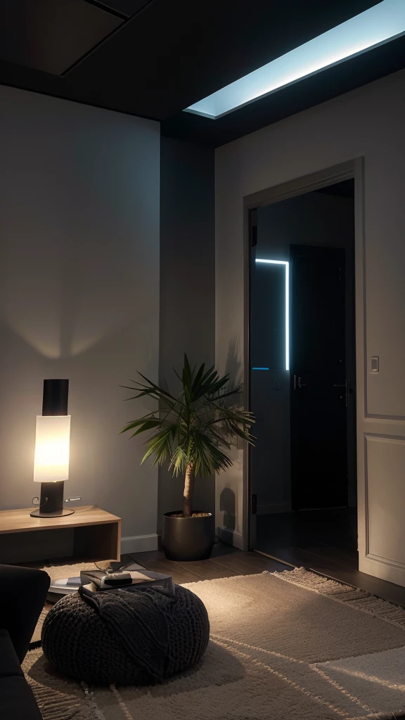Une scène nocturne dans un salon moderne et sombre. Une personne est assise de dos sur un canapé confortable, observant une grande télévision fixée au mur. La télévision est équipée de la technologie Ambilight, diffusant une douce lueur colorée autour de l'écran, illuminant subtilement la pièce. La lumière ambiante est faible, mettant en valeur les couleurs vibrantes de l'Ambilight. On devine à travers les fenêtres une nuit noire, ajoutant une ambiance calme et immersive. Le décor de la pièce est élégant et minimaliste, avec quelques accessoires modernes, mais l'attention reste centrée sur la personne et la télévision.