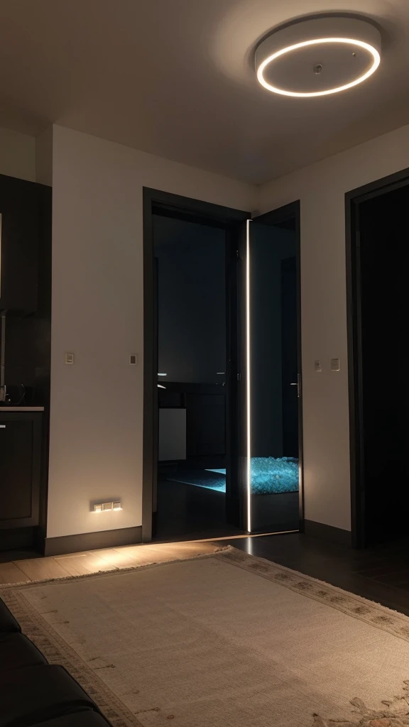 Une scène nocturne dans un salon moderne et sombre. Une personne est assise de dos sur un canapé confortable, observant une grande télévision fixée au mur. La télévision est équipée de la technologie Ambilight, diffusant une douce lueur colorée autour de l'écran, illuminant subtilement la pièce. La lumière ambiante est faible, mettant en valeur les couleurs vibrantes de l'Ambilight. On devine à travers les fenêtres une nuit noire, ajoutant une ambiance calme et immersive. Le décor de la pièce est élégant et minimaliste, avec quelques accessoires modernes, mais l'attention reste centrée sur la personne et la télévision.