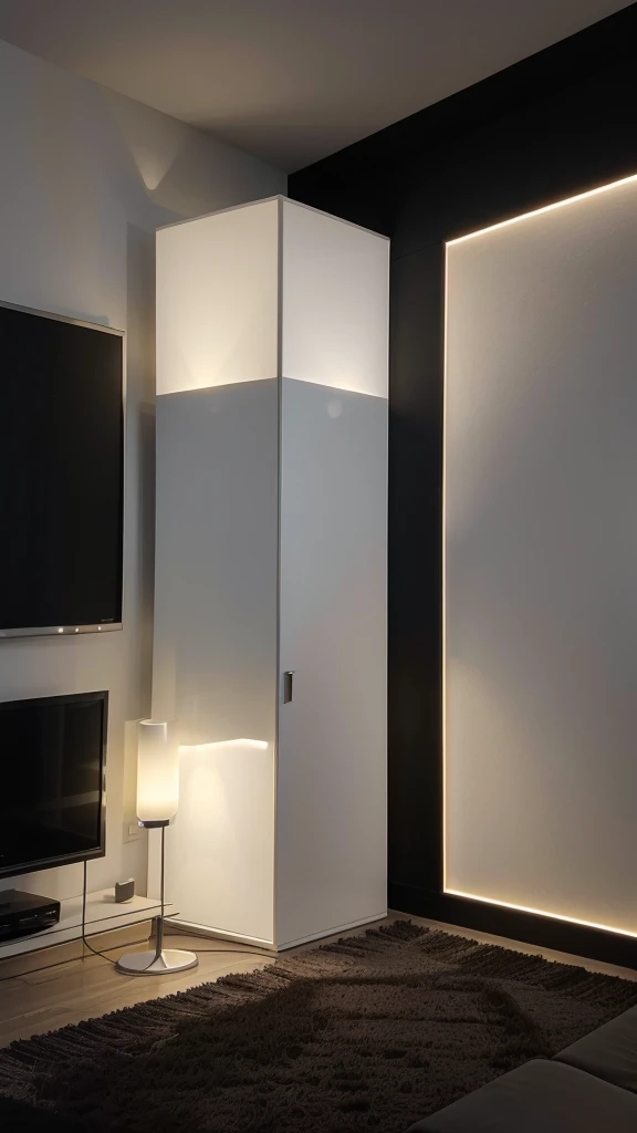 Une scène nocturne dans un salon moderne et sombre. Une personne est assise de dos sur un canapé confortable, observant une grande télévision fixée au mur. La télévision est équipée de la technologie Ambilight, diffusant une douce lueur colorée autour de l'écran, illuminant subtilement la pièce. La lumière ambiante est faible, mettant en valeur les couleurs vibrantes de l'Ambilight. On devine à travers les fenêtres une nuit noire, ajoutant une ambiance calme et immersive. Le décor de la pièce est élégant et minimaliste, avec quelques accessoires modernes, mais l'attention reste centrée sur la personne et la télévision.