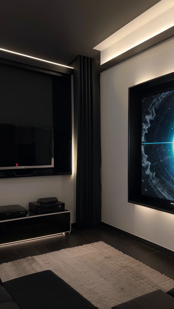 Une scène nocturne dans un salon moderne et sombre. Une personne est assise de dos sur un canapé confortable, observant une grande télévision fixée au mur. La télévision est équipée de la technologie Ambilight, diffusant une douce lueur colorée autour de l'écran, illuminant subtilement la pièce. La lumière ambiante est faible, mettant en valeur les couleurs vibrantes de l'Ambilight. On devine à travers les fenêtres une nuit noire, ajoutant une ambiance calme et immersive. Le décor de la pièce est élégant et minimaliste, avec quelques accessoires modernes, mais l'attention reste centrée sur la personne et la télévision.