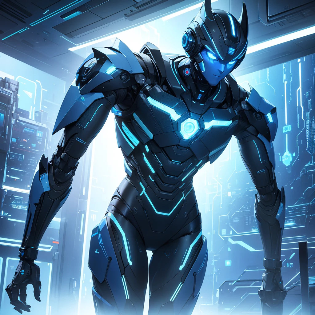 a humanoid robot with blue energy, futuristic environment, 8k, ultra-detailed, photorealistic, highly detailed, digital art, concept art, cinematic lighting, volumetric lighting, dramatic lighting, glowing energy, advanced technology, sleek design, advanced machinery, futuristic architecture, neon lights, cyberpunk, intricate details, hyper-realistic, masterpiece