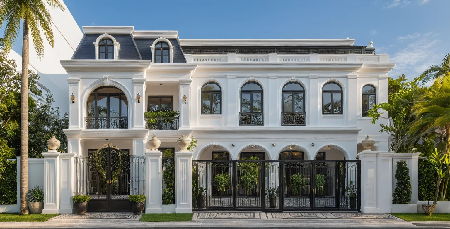 neoclassical villa on the street, (daylight), tropical plants, vivid colors, streetscape, wide gate, white tones, white walls, large glass doors, warm interior lighting , wood and marble, best quality, 20ArchiAI_XL_NeoTH-v2