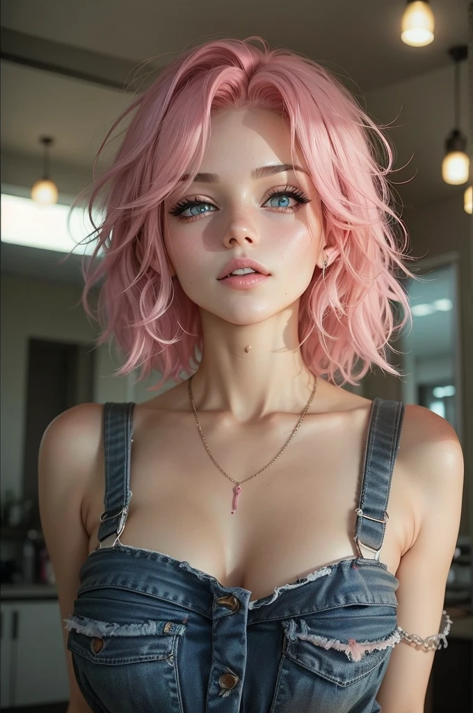 Beautiful girl , sexy slim fit body,  wavey short pink hair ,  tank top  , gorgeous  eyes  , Pink lips , blushed cheeks  , 