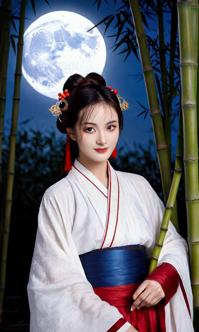 photography portrait,1 Girl,Grinning,Deep eyes,Hair Bun,,Portraits,(Red and blue Hanfu:1.2),Wide sleeves,Bamboo forest background,moon,hazy,fog,cloud,Mottled light and shadow,来自moon的冷淡蓝色光,Cool summer days,Red Theme,HD,