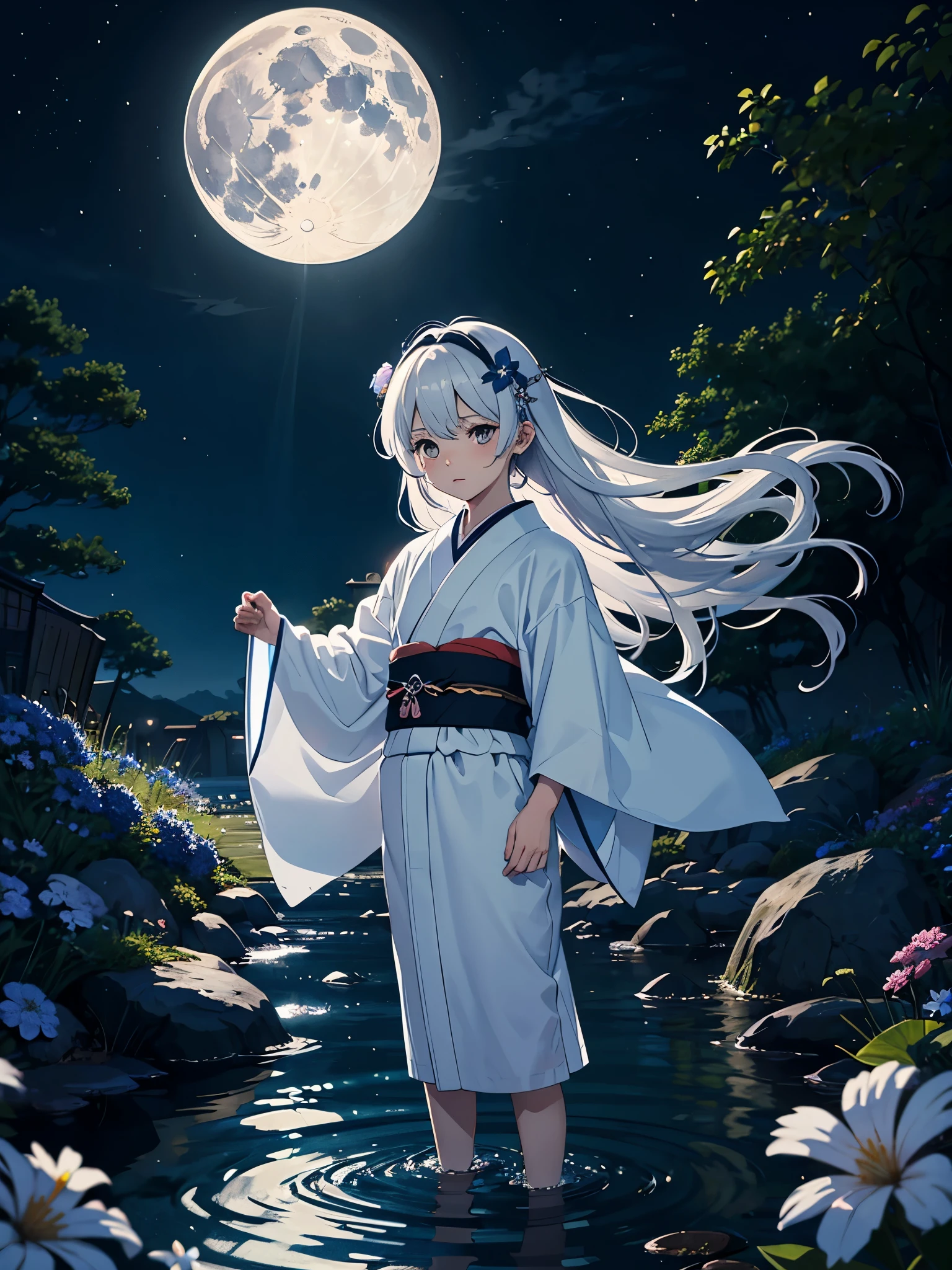 Japanese Kimono. kid. cutie pie. Younger. More anime. male. Light Blue flowers. Long hair. long white hair. aquatic, boy, God of the Moon, silver hair accessories, White hair, White dress, cape, at night.