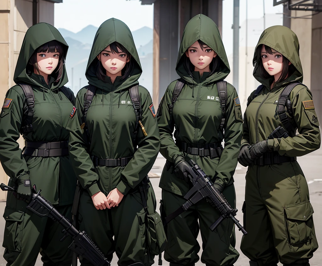 A group of female soldiers standing guard with guns,All wear dark green M-51 hooded military uniforms、Hooded on head、Wear body armor、Military Pants、Write details、masterpiece、best quality、Highly detailed CG、8K picture quality