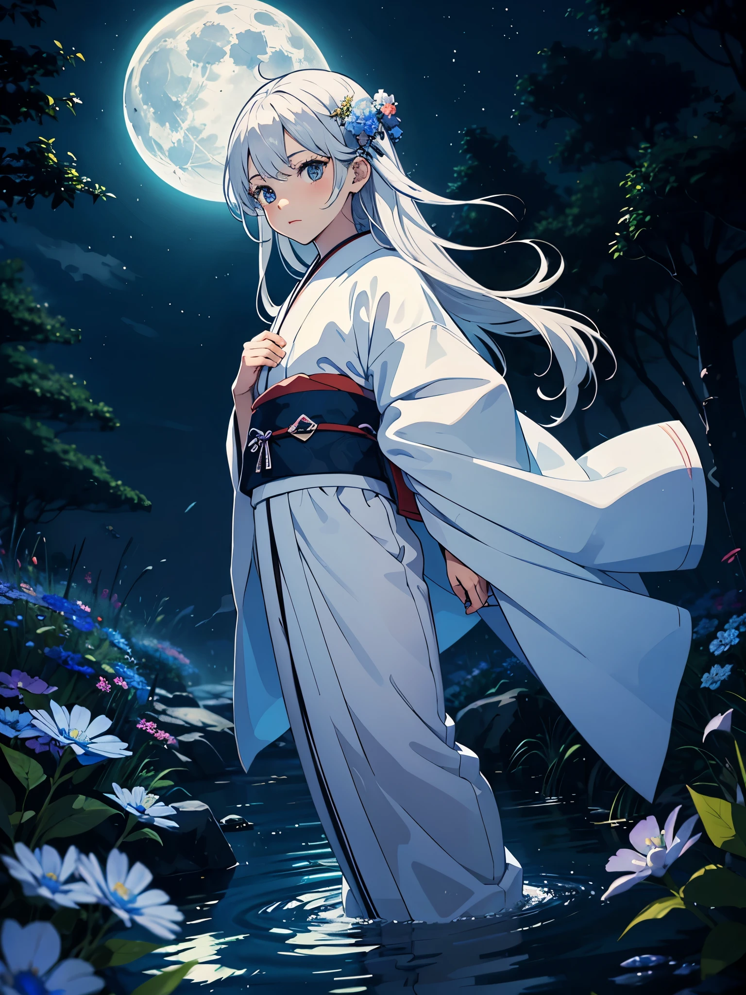 Japanese Kimono. kid. cutie pie. Younger. More anime. male. Light Blue flowers. Long hair. long white hair. aquatic, boy, God of the Moon, silver hair accessories, White hair, White dress, cape, at night.