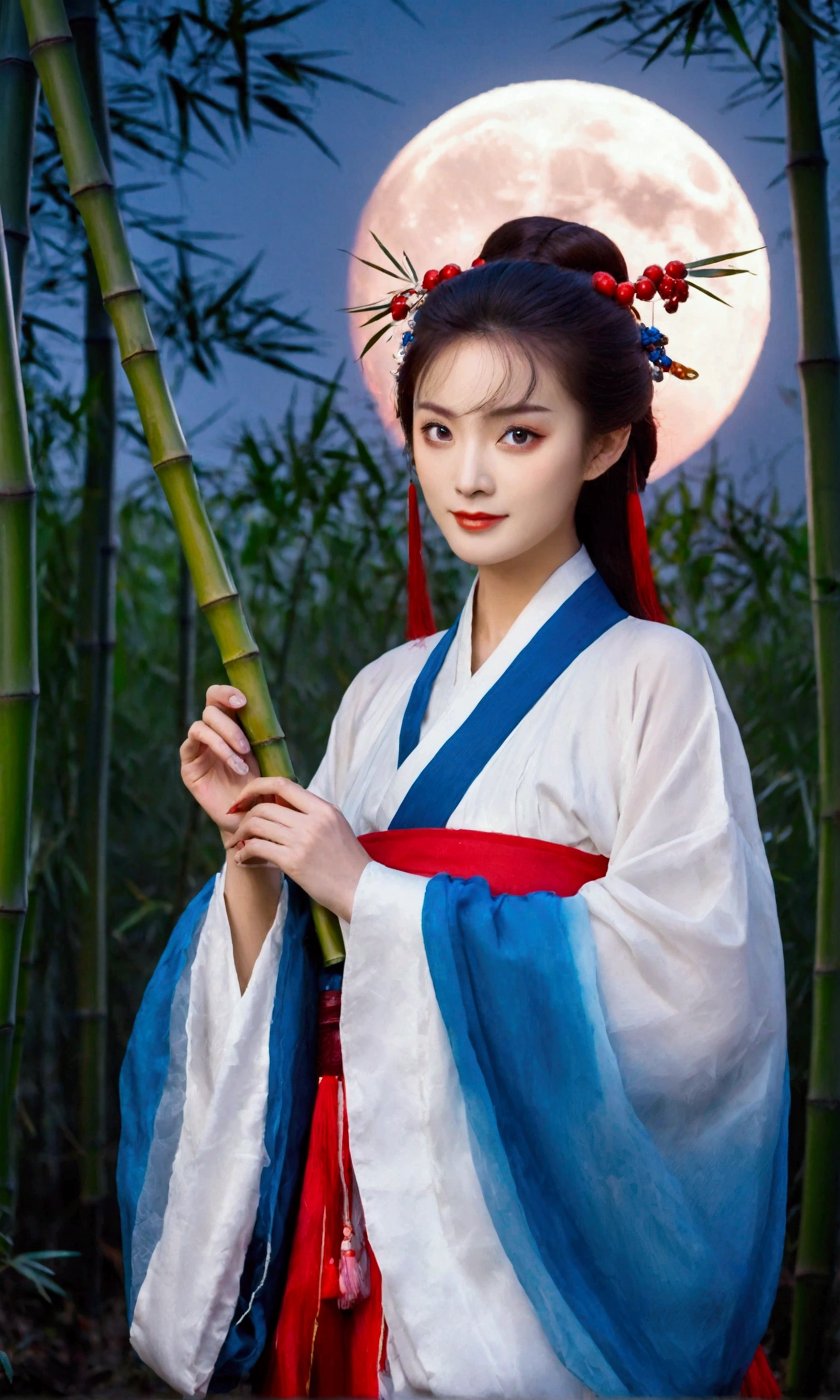 photography portrait，1 Girl，Grinning，Deep eyes，Hair Bun，，Portraits，(Red and blue Hanfu:1.2)，Wide sleeves，Bamboo forest background，moon，hazy，fog，cloud，Mottled light and shadow，来自moon的冷淡蓝色光，Cool summer days，Red Theme，HD,
