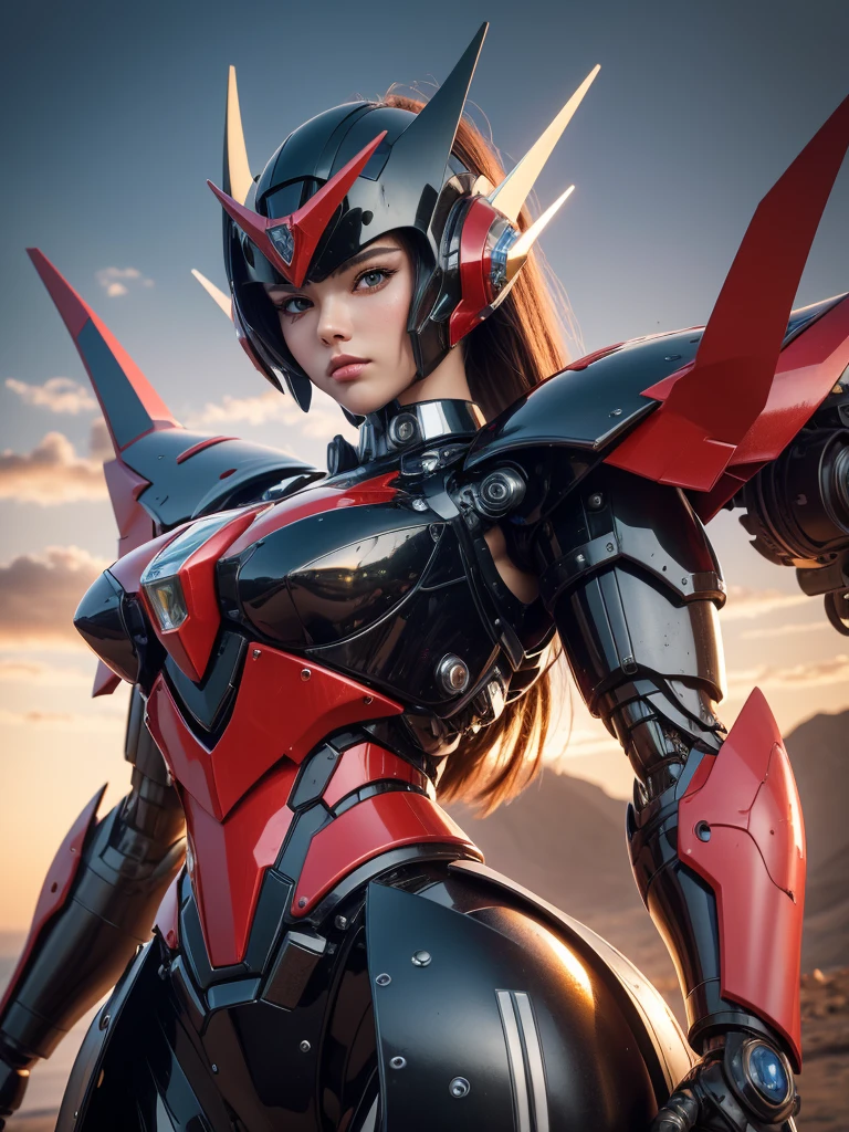 Textured skin, Super Detail, high details, High quality, Best Quality, hight resolution, 1080p, hard disk, Beautiful,(Aphroida a),Robot Girl,beautiful cyborg woman,Battle Mode,Girl with a Mecha Body,Wearing Mazinger Z mecha,Fulll body Shot