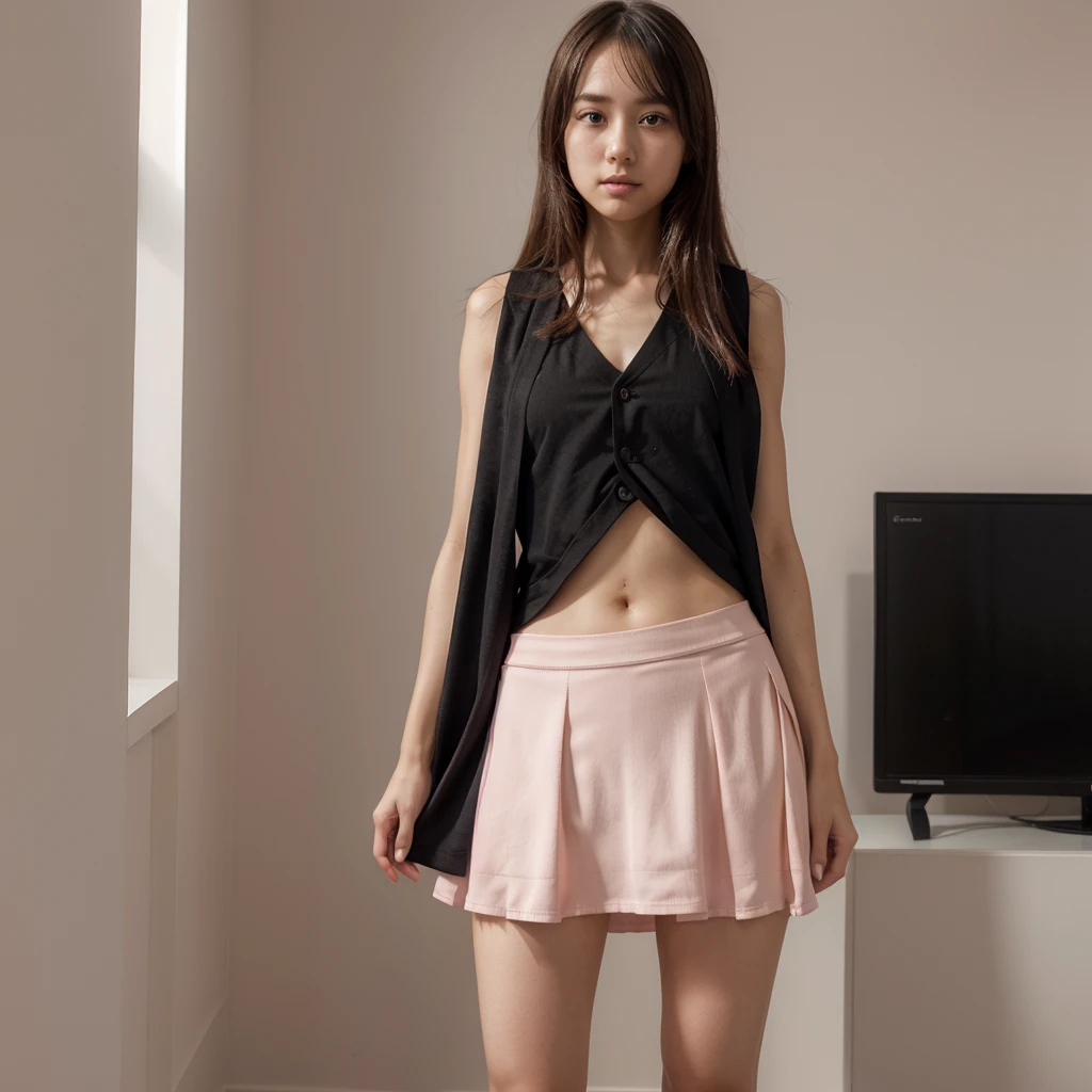  girl, Alone,standing_to divide, 
Yuuki Mikan, wide，negro sleeveless short vest，pink skirt，negro, naked without clothes you can see her vagina 