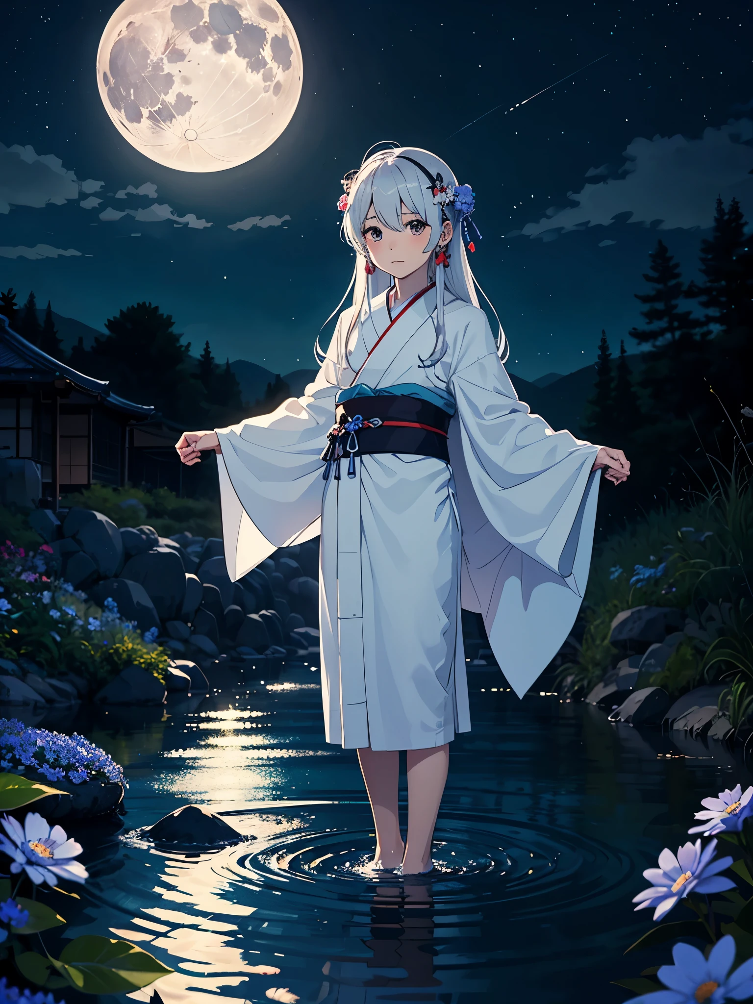 Japanese Kimono. kid. cutie pie. Younger. More anime. male. Light Blue flowers. Long hair. long white hair. aquatic, boy, God of the Moon, silver hair accessories, White hair, White dress, cape, at night.