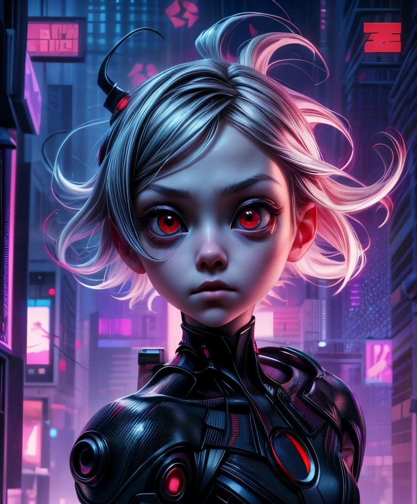 appearence a 13 years old teenage girl,red eyes,albino,calm,quiet,cute,pretty,full body,looking ahead,short hair combed back,red outfit,black short,tied hair,spider verse suit,serious look,cyberpunk background 