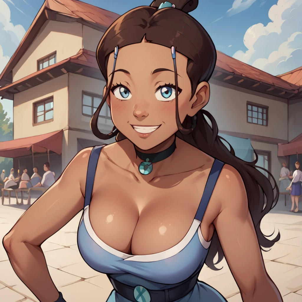 score_9, score_8_up, score_7_up, score_9, BREAK, katara, blue dress, smile, dark skinned female, brown hair, simple background, 2D, medium shot, large breasts, cleavage,  BLACKED, BLACKED CHOKER, MEME ATIRE, BLACKED BBC