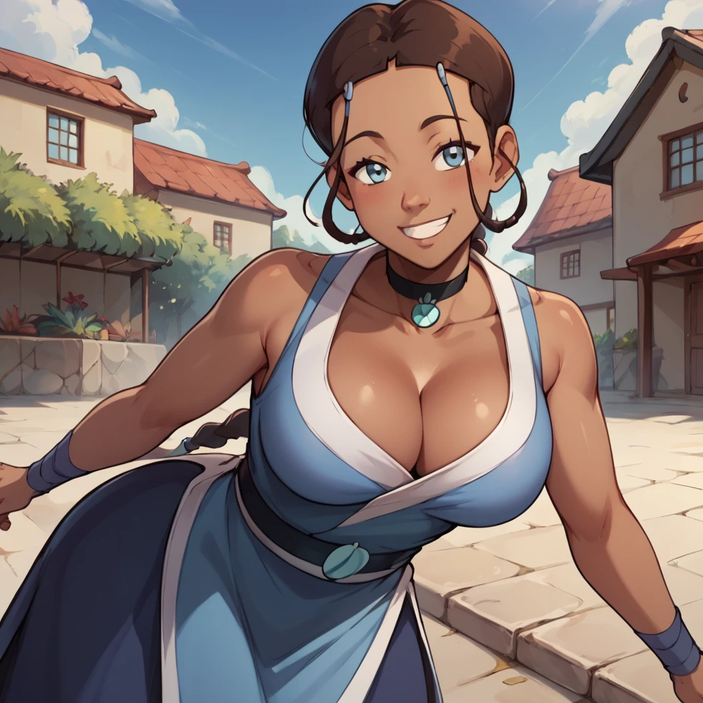 score_9, score_8_up, score_7_up, score_9, BREAK, katara, blue dress, smile, dark skinned female, brown hair, simple background, 2D, medium shot, large breasts, cleavage,  BLACKED, BLACKED CHOKER, MEME ATIRE, BLACKED BBC