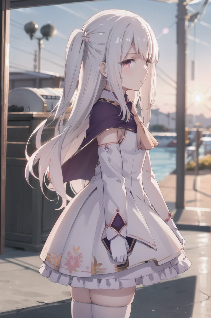 masterpiece, best quality, highres, aaillya, long hair, two side up, hair ornament, small , magical girl, cape, yellow ascot, pink dress, sleeveless, detached sleeves, white gloves, white skirt, pink thighhighs, looking at viewer, thoughtful, from side, patterned background,