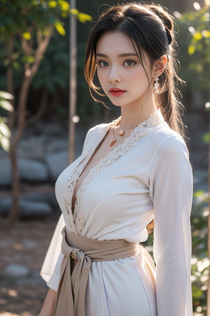 1 beautiful girl in Hanfu costume, ((white thin purple silk shirt with a lot of texture)), white lace top, long purple platinum ponytail Hair, Jewelry, ear jewelry, necklaces and necklaces, carefully drawn big purple eyes, makeup careful, thin eyebrows, high nose, beautiful red lips, no smile, pursed lips, rosy cheeks, wide breasts, big breasts, proportional breasts, slim waist, purple fishnet socks, chinese hanfu style, fictional art texture, colorful bright and realistic, RAW Photo, Realistic Photo, ultra high quality 8k surreal photo, (effective fantasy light effect: 1.8), 10x pixels, magical effect (Background): 1.8), ultradetailed eyes, full body portrait of girl , Chinese royal garden background, dynamic pose