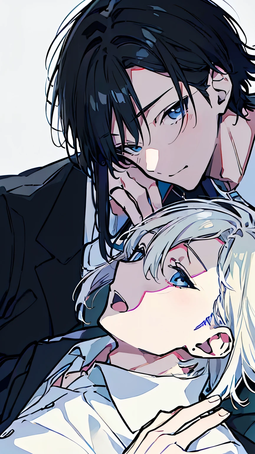 (Mastepiece), (Best Quality), Very detailed, ((Two friendly men)), Perfect Face, Beautiful Face, Very detailed顔,(One black-haired man:1.3),(One white-haired man:1.3),shirt、smile