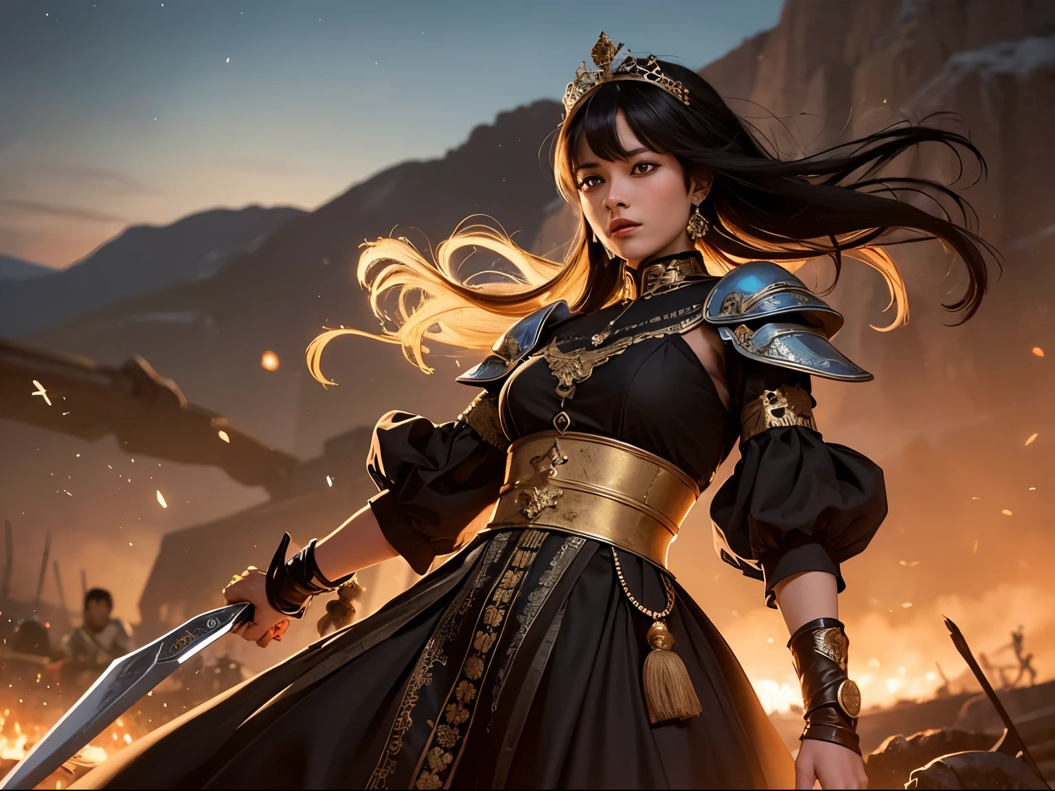 ((best quality)), ((masterpiece)), (detailed), A digital illustration of a black haired queen in extreme pain wearing traditional Indian dress fighting off enemies in an animated landscape at night with a sword in her hand, with monsters in the background.