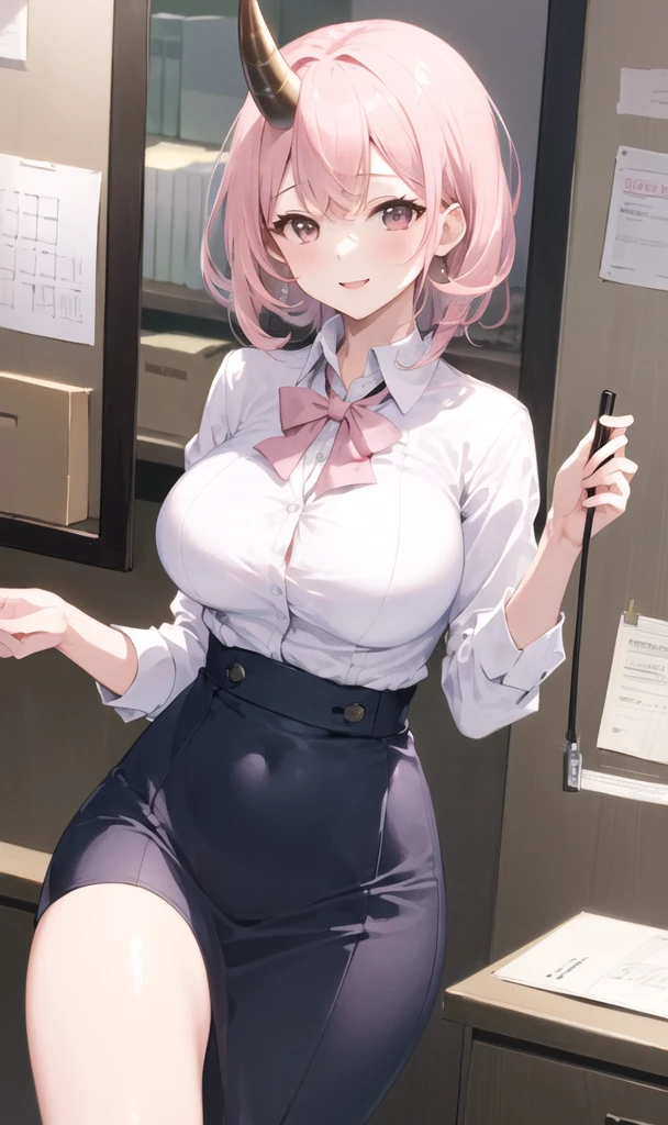 ((masterpiece, Highest quality)), (One girl),((Mature Woman)), Light pink hair, Hello, Horn, ((office lady )),bangs,Middle chest,(Big Breasts),slim,smile, [Wide Hips],office,Are standing, got it \(Blue Archive\),