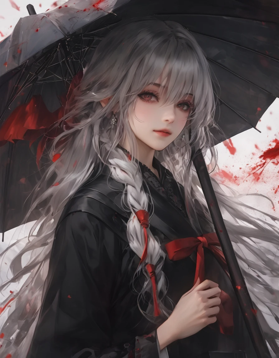 Anime girl with long white hair and black and red umbrella, Gothic Maiden Anime Girl, Best anime 4k konachan wallpaper, Anime Art Wallpapers 8K, anime art wallpaper 4k, anime art wallpaper 4k, 4k anime wallpaper, Anime Style 4K, anime wallpaper 4k, anime wallpaper 4k, Devil Anime Girl, Gveiz, (Blood splatter:1.5)