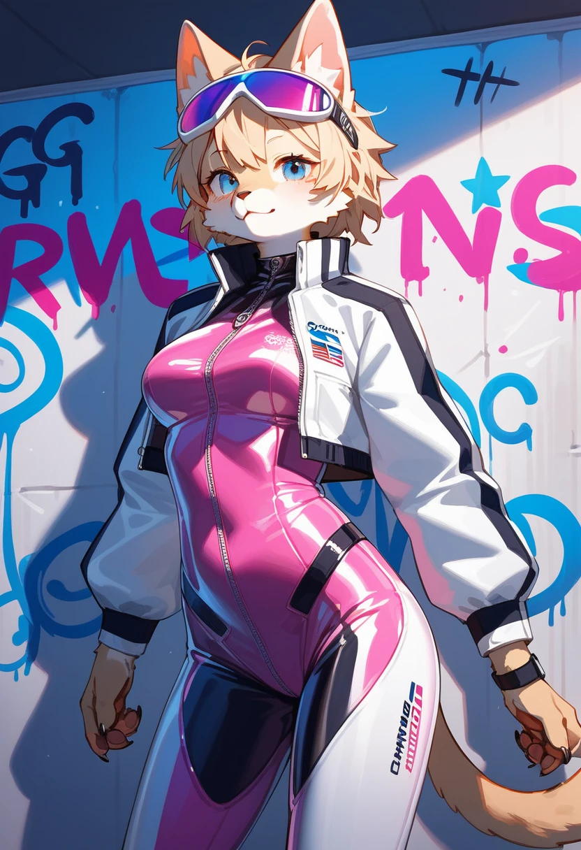 animation, Highest quality, Highest quality, High quality illustrations, masterpiece, Ultra-high resolution, Detailed Background, cyber cafe, Graffiti art on the wall, Absurd, Perfect Anatomy, performance, Good lighting, Shadows in the movies(kemono, Furry PersonifiCation), Cat, Blueskin, pink rubber suit, latex, neon, neonライト, neonカラー, Racing Suits, Cyber Suit, White Leather Half Jacket, cyber punk