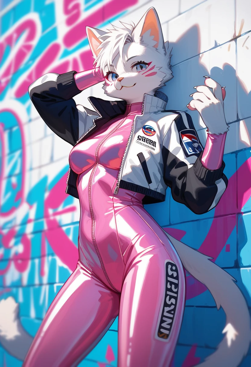 animation, Highest quality, Highest quality, High quality illustrations, masterpiece, Ultra-high resolution, Detailed Background, cyber cafe, Graffiti art on the wall, Absurd, Perfect ???????, performance, Good lighting, Shadows in the movies(kemono, Furry PersonifiCation), Cat, Blueskin, pink rubber suit, latex, neon, neonライト, neonカラー, Racing Suits, Cyber Suit, White Leather Half Jacket, cyber punk, Have a bottle