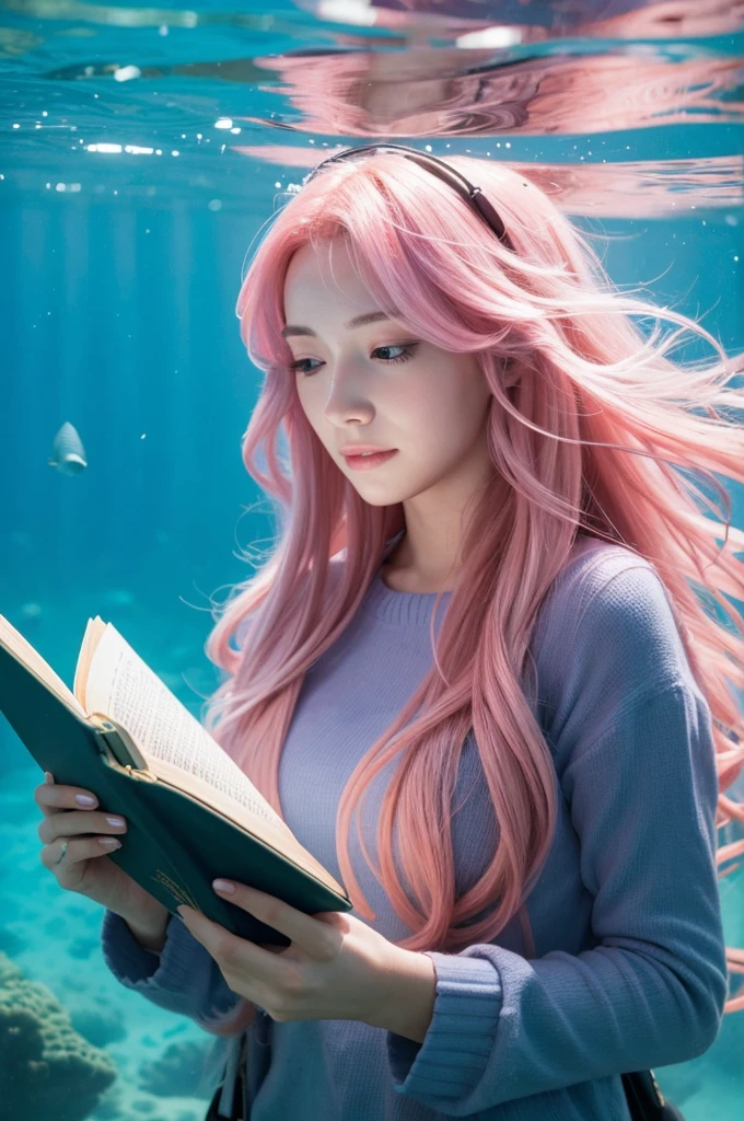 A woman with long pink hair is reading a book underwater.