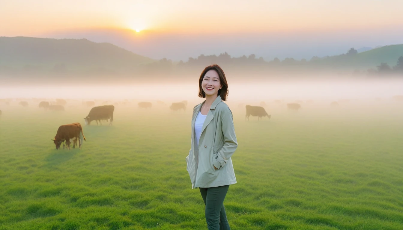beautiful scenery, 8K Top Quality, Vivid picture quality, 1 woman, Beautiful 36-year-old Korean woman, Chest size 34 inches, Model-level beautiful woman, Smile. Napa Valley, California, USA, dawn, An endless green meadow in the distant fog, Cows graze on a pasture in thick fog. Red sunshine, The background is realistic and vivid quality.., short medium bob hair, White t-shirt that goes up to the neck , light trench coat, casual pants, Perfect and realistic photos, The background is realistic.. Full body shot with Canon camera 16-35 wide angle lens