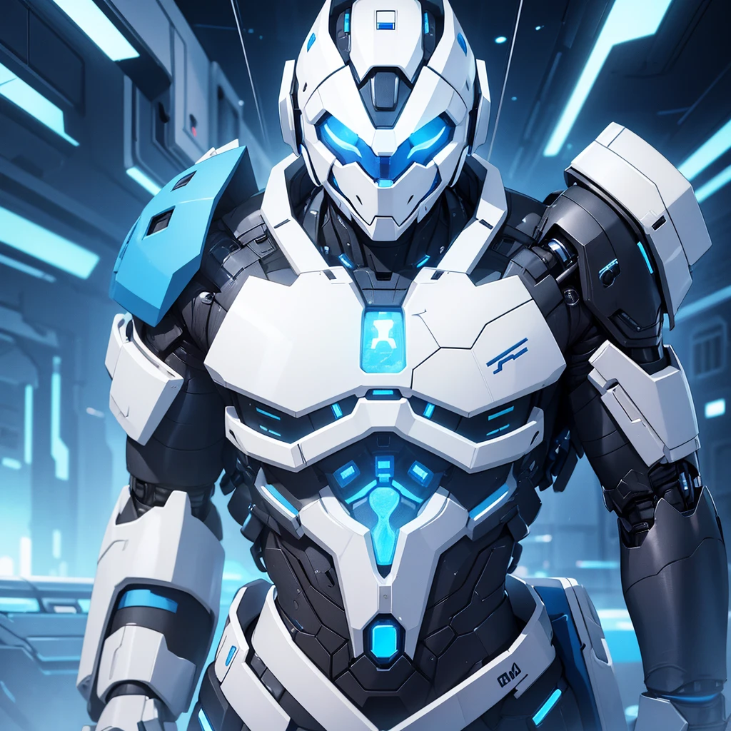 make a white humanoid male robot with blue energy coming out of it. it should look strong and futuristic, cyberpunkstyle