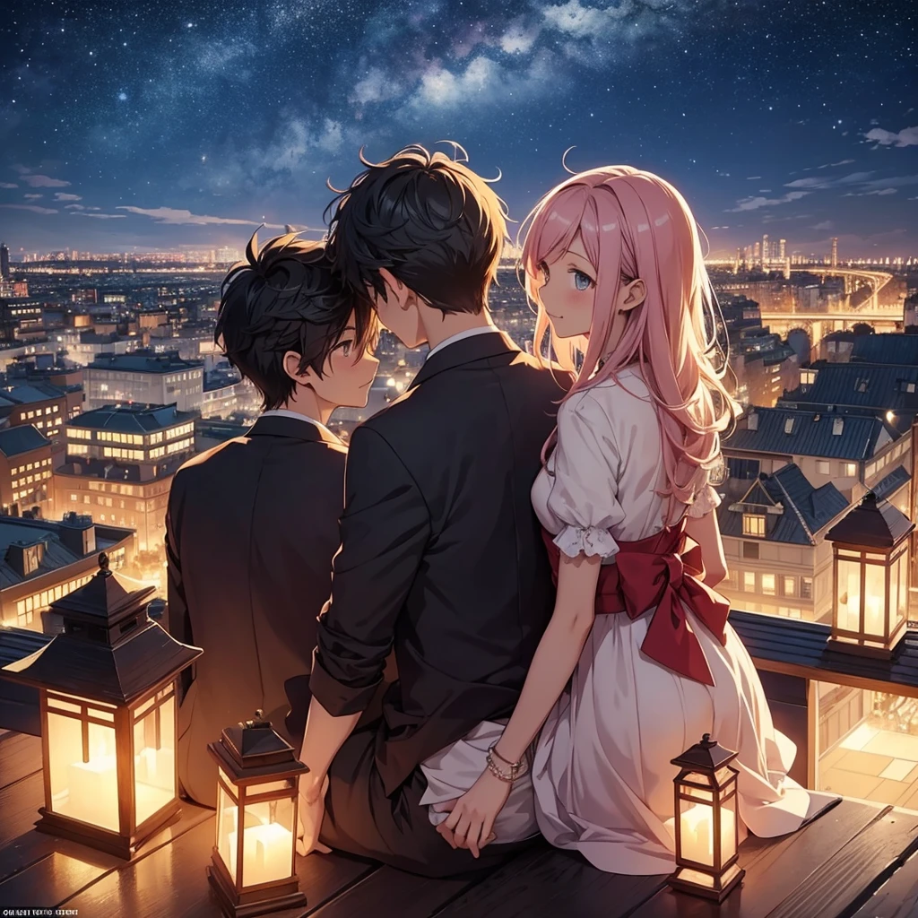 Romantic Evening: Two anime characters, a boy and a girl, sitting together on a rooftop under a starry night sky, sharing a heartfelt moment with a cityscape in the background.