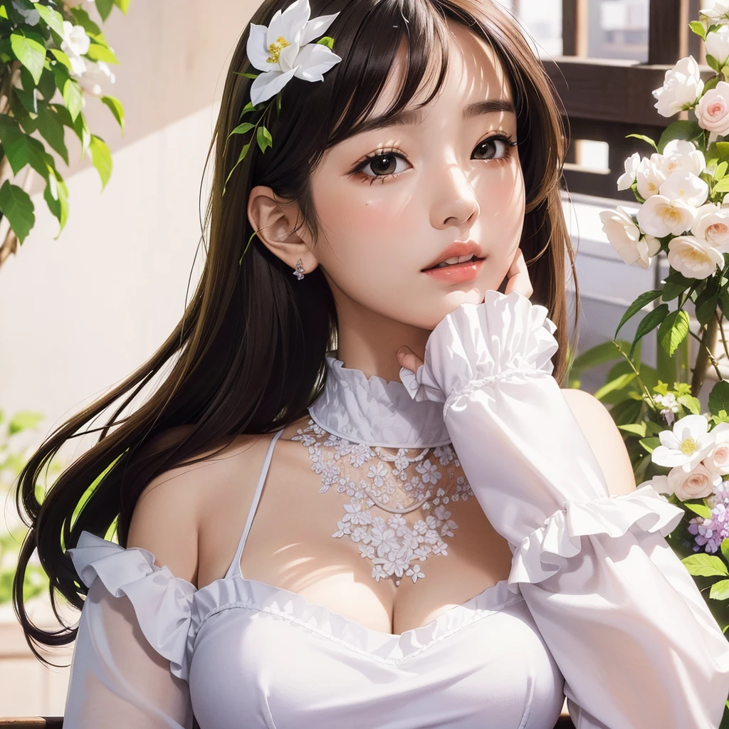 (masterpiece),(best quality:1.0), (ultra highres:1.0), detailed illustration, portrait, detailed, girls, detailed frilled clothes, detailed beautiful skin, face focus, in street, spring, flowers in balcony,