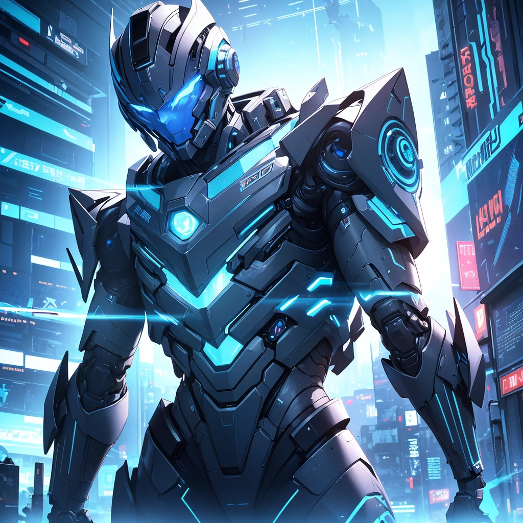 a strong, futuristic, cyberpunk humanoid white male robot with blue energy emanating from it, highly detailed, photorealistic, 8k, HDR, studio lighting, physically-based rendering, professional, vivid colors, cinematic, dramatic lighting, powerful, muscular, sleek, advanced technology, intricate mechanical details, metallic surfaces, glowing blue energy, neon accents, urban cityscape background