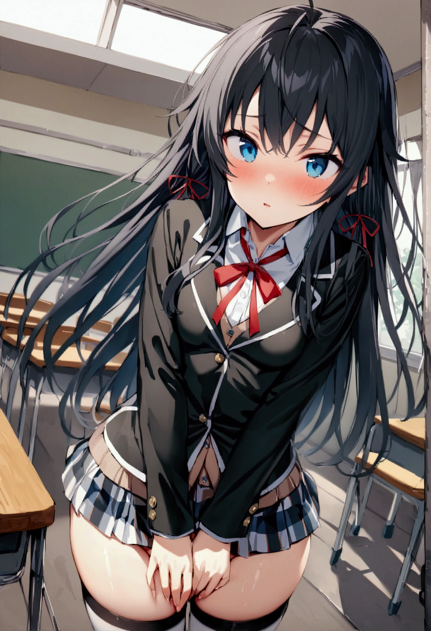 NSFW,masterpiece,Highest quality,High resolution,Super detailed,Yukinoshita Yukino\(My Youth Romantic Comedy is Wrong as Expected\),Black Hair,Long Hair,Light blue eyes,uniform,Small breasts,School,classroom,machine,Chair,Chairに座っている