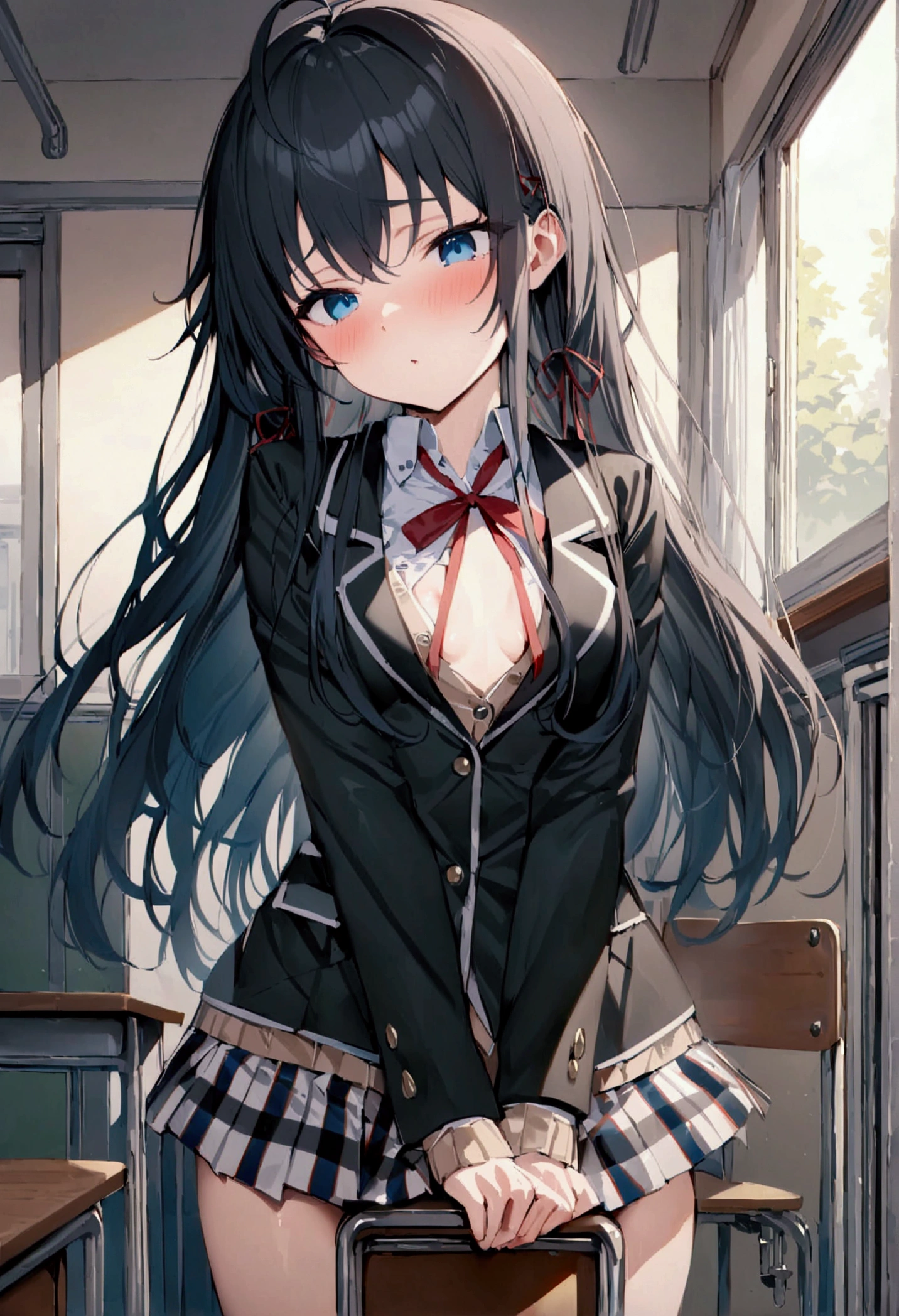 NSFW,masterpiece,Highest quality,High resolution,Super detailed,Yukinoshita Yukino\(My Youth Romantic Comedy is Wrong as Expected\),Black Hair,Long Hair,Light blue eyes,uniform,Small breasts,School,classroom,machine,Chair,Chairに座っている