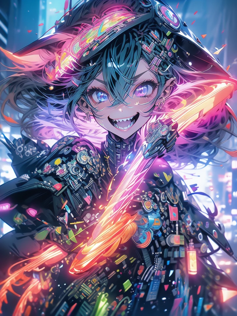 woman、Early 20s、cyber punk、Wicked Smile、Black Hair、Long Hair、Multicolored Hair、Purple Eyes、breast enhancement、sexy、Tight combat suit、R-18、Double pistol