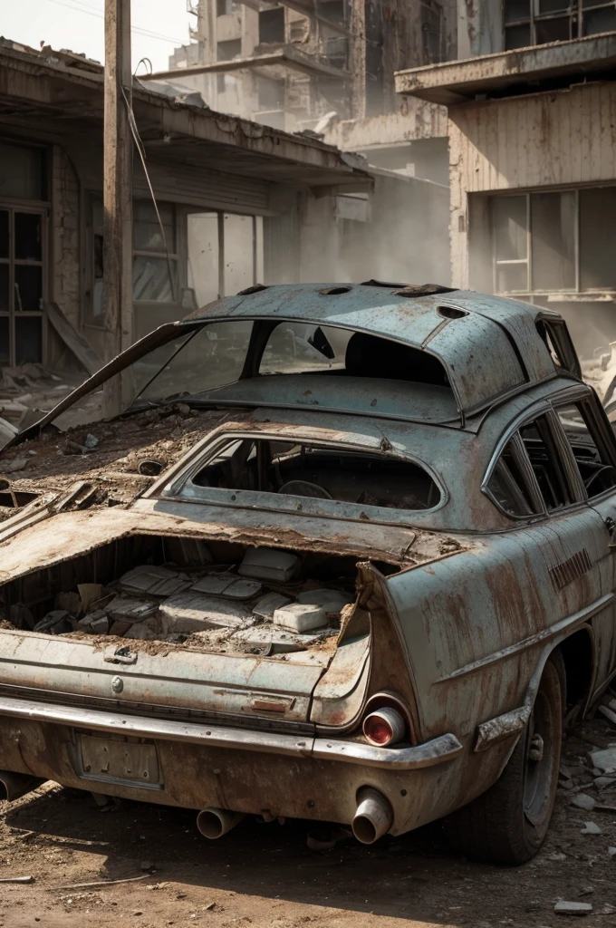 Post apocalyptic world destroyed properties car 50s and 60s