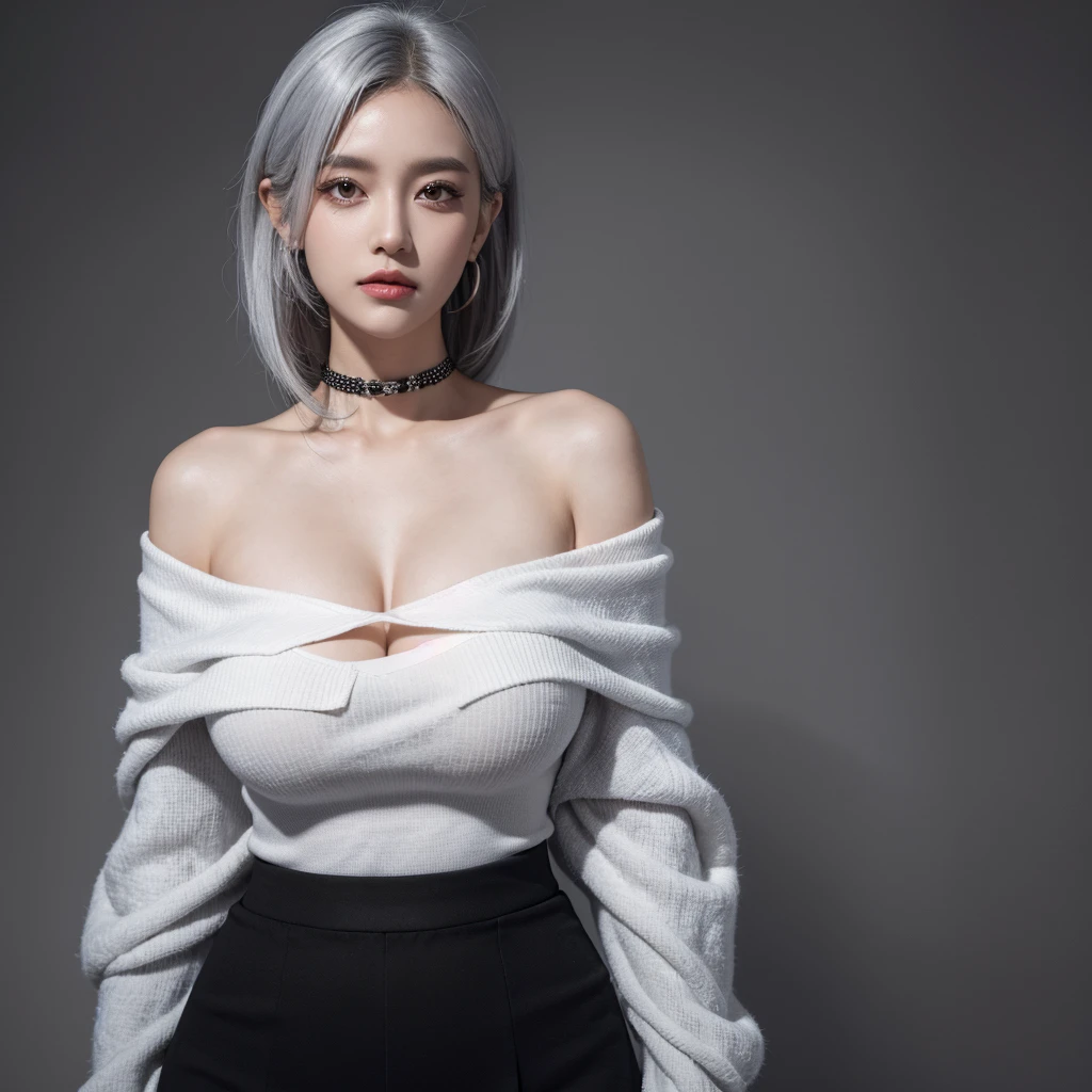 best quality, ultra high res, (photorealistic:1.4), 1girl, off-shoulder white shirt, black tight skirt, black choker, (faded ash gray hair:1), (huge breasts:1.2), looking at viewer, closeup ,