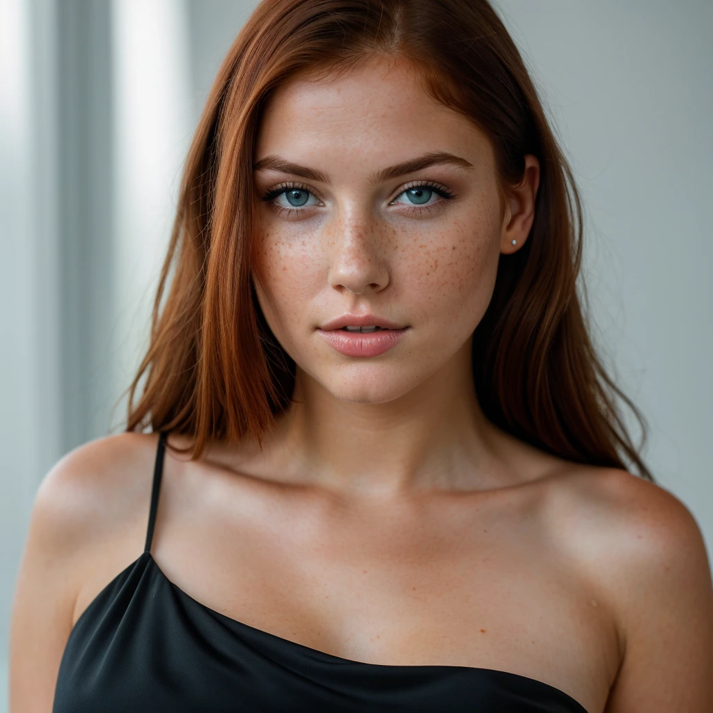 young girl, red-haired woman, blue eyes with light freckles on her cheeks, big tits, she is dressed in a sexy, elegant black dress, photo taken on a white background. Ultra-high resolution, (photorealistic: 1.4), high resolution, (brown eyes), (finely detailed skin), (perfectly proportioned) (photo realistic) (masterpiece) (photorealistic), ultrarealistic (Best Quality) (Detailed) photographed in a Canon EOS R5, 50mm Lens, F/2.8, (8K) (Wallpaper) (Natural lighting) (Convoluted) Fashion