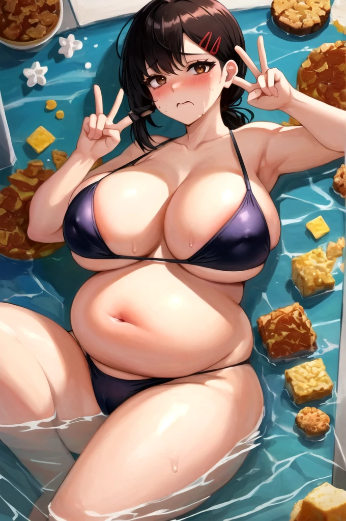 masterpiece, best quality, ultra-detailed, illustration, epic lighting, cinematic composition, isometric, 1girl, , brown eyes, black hair, swept bangs, single sidelock, red hairclip, black panties, bikini, formal, bedroom, lies on the bed, view from above, cowboy shot, looking at viewer, upset, fattening, around her more food, crumbs around her, crumbs on her belly, water drops on her body, eat more food, satisfied, full-face blush, huge breasts, huge thighs, (venusbody:1.3)(peace signs), (8k:1.1), big belly, fat belly, massive belly, fat body, big fat thighs, fat hips, fat butt, (big belly:0.2), ahegao