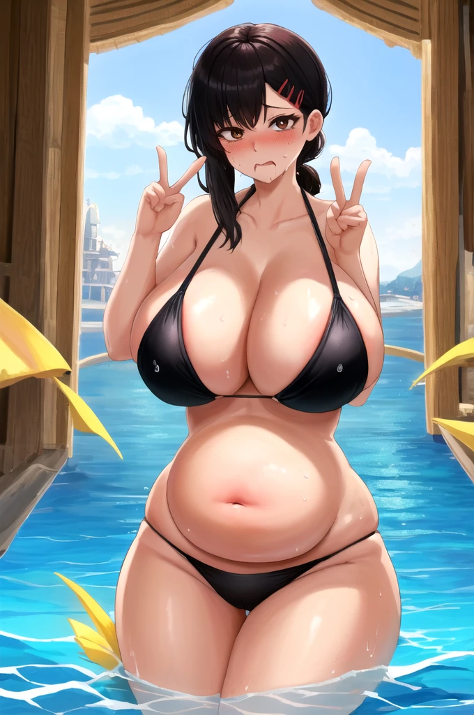 masterpiece, best quality, ultra-detailed, illustration, epic lighting, cinematic composition, isometric, 1girl, , brown eyes, black hair, swept bangs, single sidelock, red hairclip, black panties, bikini, formal, bedroom, lies on the bed, view from above, cowboy shot, looking at viewer, upset, fattening, around her more food, crumbs around her, crumbs on her belly, water drops on her body, eat more food, satisfied, full-face blush, huge breasts, huge thighs, (venusbody:1.3)(peace signs), (8k:1.1), big belly, fat belly, massive belly, fat body, big fat thighs, fat hips, fat butt, (big belly:0.2), ahegao
