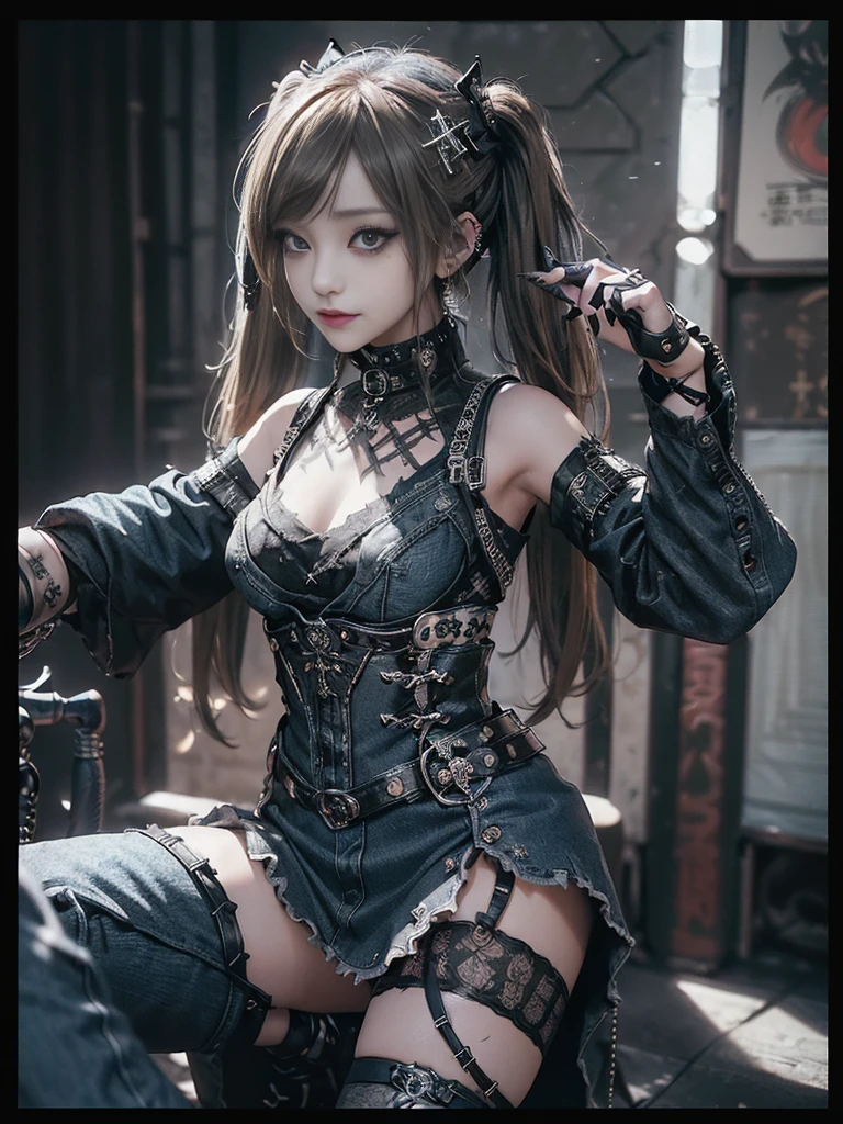 (Smiling with teeth showing:1.3),(Shibuya Gal:1.5)、(Prostitute:1.3)、(Gothic ta style fashion:1.5)、(Punk RockVisual Kei:1.4)、(Denim and black and white medieval noble mini skirt dress:1.5)、(Denim with black and white medieval gloves and bustier:1.5)、(Denim high heels:1.3)、(Wearing silver accessories:1.5)、(Denim collar:1.4)、(Black Leather Garter Belt:1.4)、(Brown Skin Belt:1.3)、(Black lace underwear:1.5)、20-year-old、NSFW、((Highest quality、In 8K、masterpiece:1.3))、Sharp focus:1.2、(Layered Cut、Huge boobs:1.1),Beautiful woman with perfect figure:1.4、(Dancing vigorously:1.3)、Slender Abs:1.2、Highly detailed face and skin texture、Detailed eyes、double eyelid,(Twin tails:1.3)、(Brown-golden hair:1.3)、Gravure idol、(The background is the Takarazuka Revue stage.:1.3)、(Slim body:1.2),(Make your legs thinner:1.4),（clavicle:1.1）